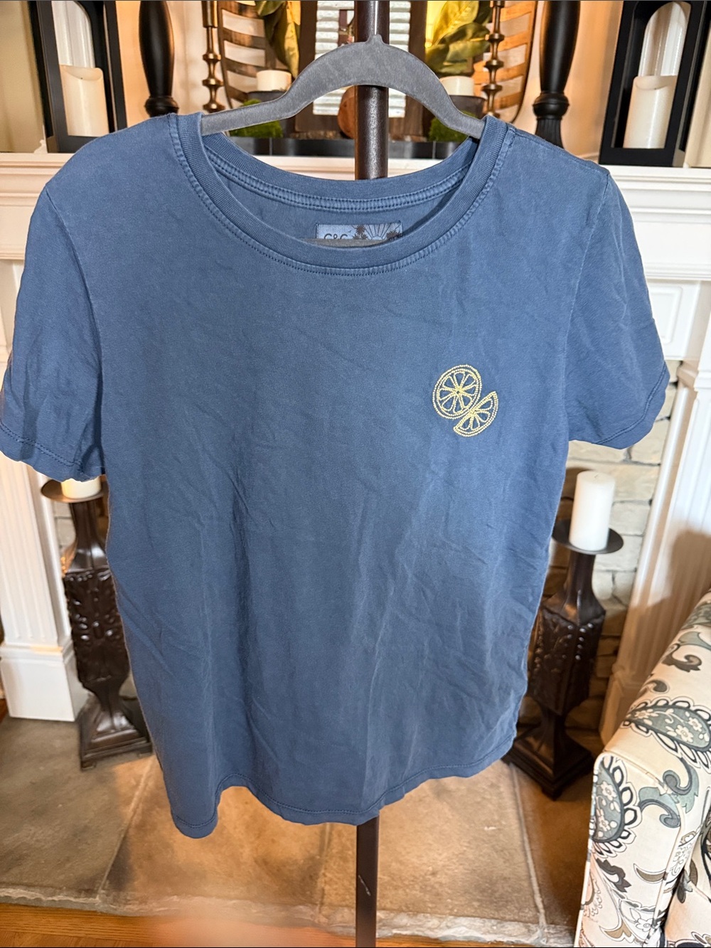 C&C California Navy Short-Sleeve Crewneck Tee with Yellow Lemon Slice Embroidery